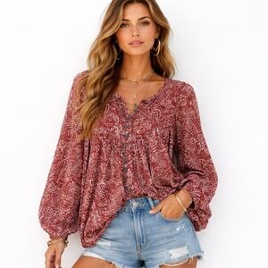 Free People Top Womens S Red Paisley Boho Prairie Peasant Cottagecore Western